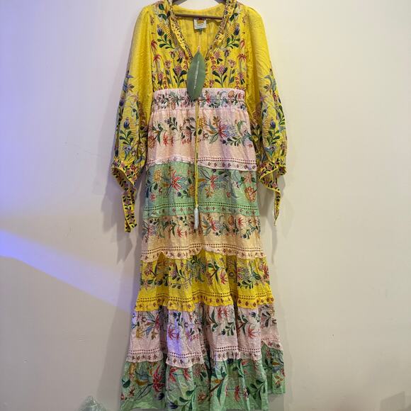 NEW NWT Farm Rio Delicate Flower Stripes Long Sleeve Tiered Maxi Dress Size S - Picture 6 of 12